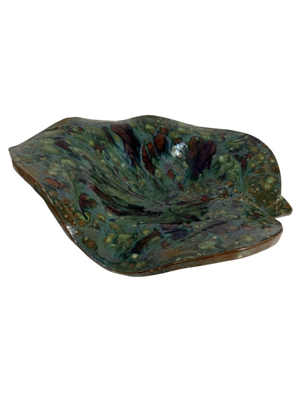 Vintage Ceramic Pottery Green Multi-Color Large Leaf Bowl Artist Signed